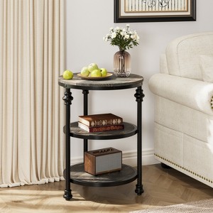 CuisinSmart 3 Tiers Round End Table with Storage Shelves, Rustic Round Farmhouse Side Table with Mental Support Legs for Living Room Bedroom - 1 of 4
