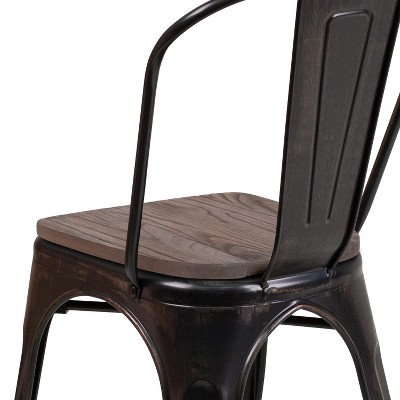 Rustic Black-Antique Gold Metal Stackable Side Chair with Wood Seat