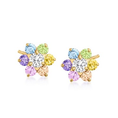Ross-Simons Child's .60 ct. t.w. Multicolored CZ Flower Earrings in 14kt Yellow Gold