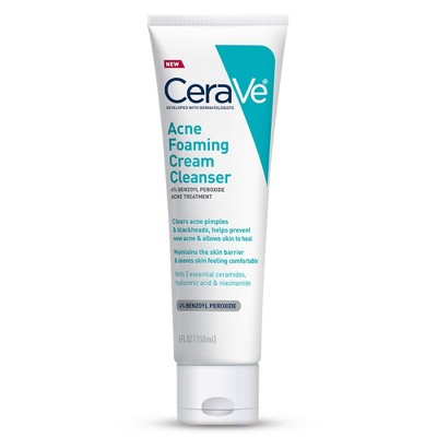 CeraVe Acne Foaming Cream Face Cleanser, Acne Treatment Face Wash with 4% Benzoyl Peroxide, Hyaluronic Acid, and Niacinamide - Fragrance-Free - 5oz