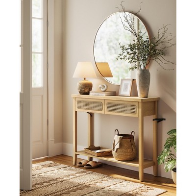 Oak Beige Particle Board Console Table with Storage Drawers