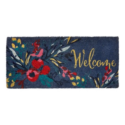 tagltd 1'6"x2'6" Autumn Botanical Floral Rectangle Indoor Outdoor Estate Coir Door Welcome Mat Multicolored on Blue Background