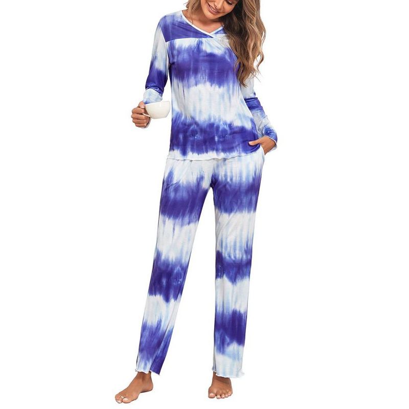 Women's Pajama Set Tie Dye Two Piece Long Sleeve Tops and Pants Sleepwear Soft Loungewear Pjs, 1 of 9