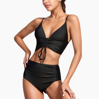 Anna-Kaci Swim Women's Adjustable Drawstring Bikini Top with High Waist Bottoms for a Sleek and Flattering Two-Piece Swim Set