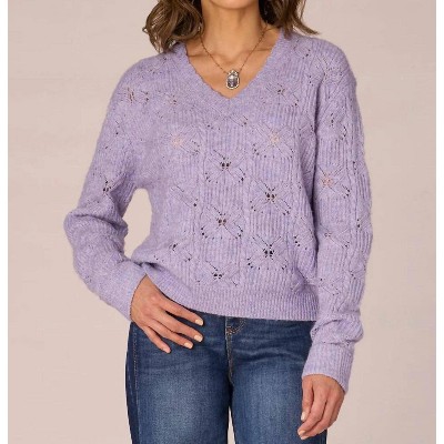 Women's Long Cuffed Sleeve Pointelle Stitch Scallop Edge Sweater - Democracy