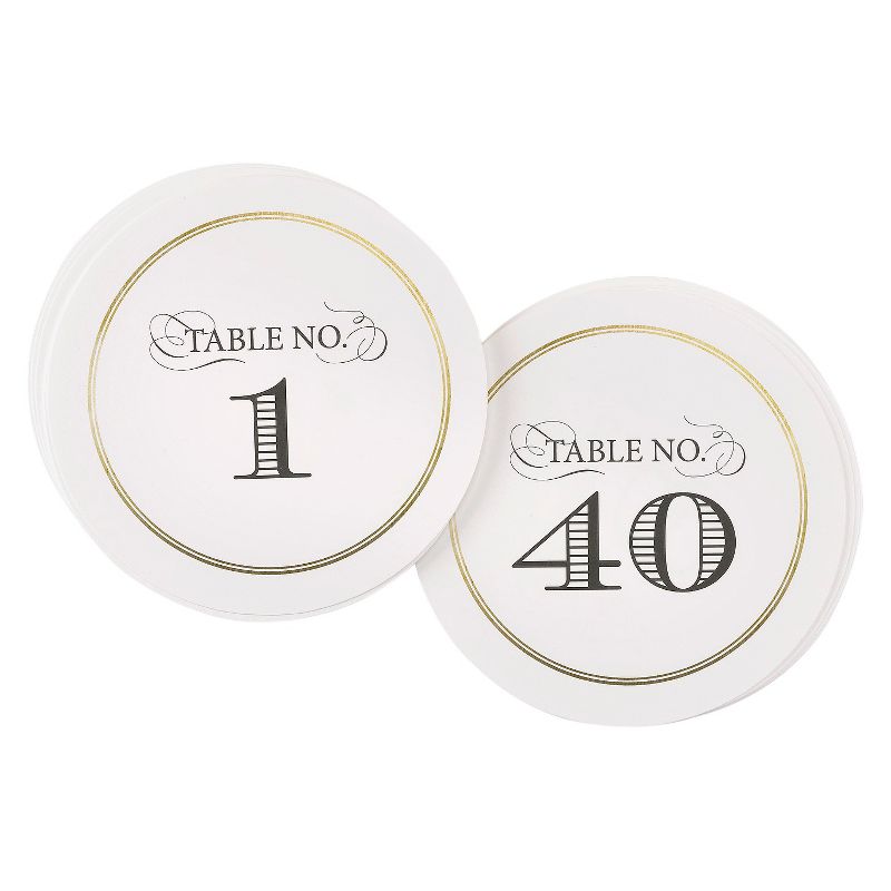 1-40 Elegance Table Numbers: Gold-Trimmed, Round, Sturdy Paper Cards for Event Seating, 1 of 2