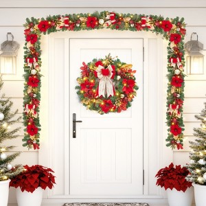 Artificial Christmas Wreath for Front Door with LED Lights, Red Balls & Flowers, Pine Needles Decoration for Home Office Wall Window Fireplace Winter - 1 of 4