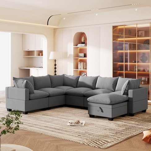 120 Modern U shaped Sectional Sofa With Storage Ottoman 7 Seat Upholstered Couch With 2 Pillows Gray 4w Modernluxe Target