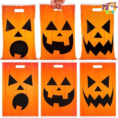 Joyfy 72 Pcs Halloween Pumpkin Goodie Bags, Plastic Candy Bags for Kids Trick or Treating, Halloween Snacks Bags for Party Favors Supplies
