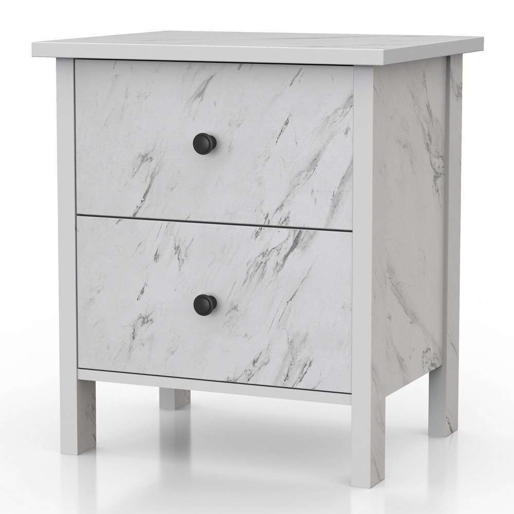 Photos - Bedroom Set Fichte Transitional 2 Drawer Faux Marble Nightstand White Marble - miBasic