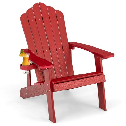 Costway Patio HIPS Adirondack Chair with Cup Holder Weather Resistant Outdoor 380 LBS Red