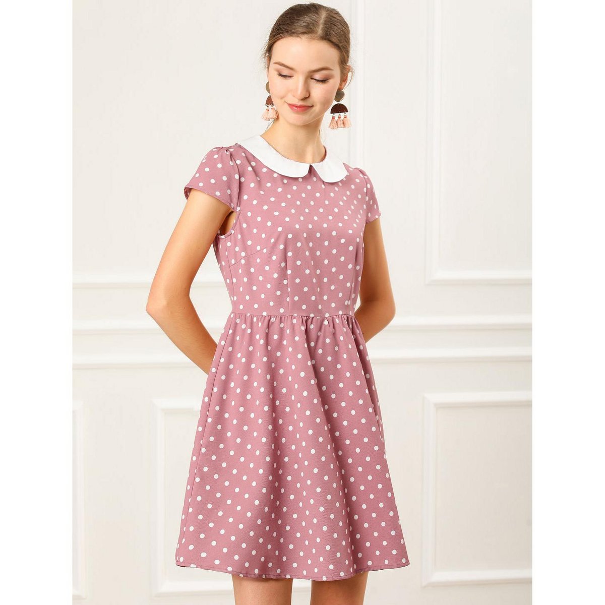 Женские платья INSPIRE CHIC Women's Peter Pan Collar Short Sleeves Contrast A-Line Polka Dots Dress Pink Medium — фото 2