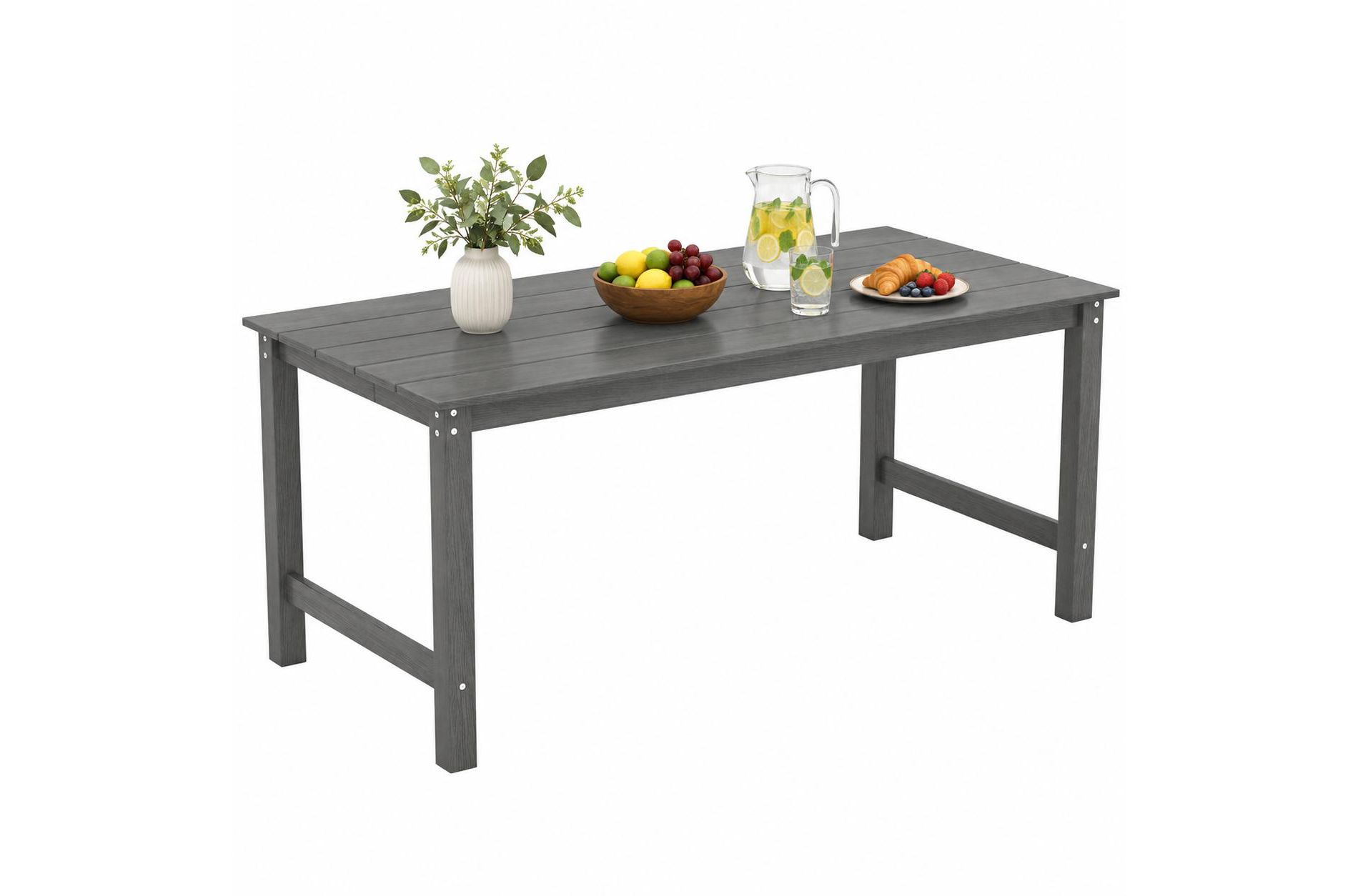 67 Inch Outdoor Patio Dining Table for 6 with Umbrella Hole and HDPE Wood-Look Top, Rectangular Metal Frame