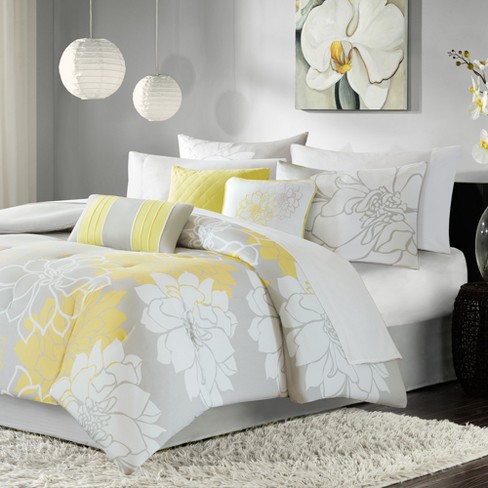 Yellow Gray Grey White Large Flower Floral 5 pc Comforter Set Queen King  Bedding