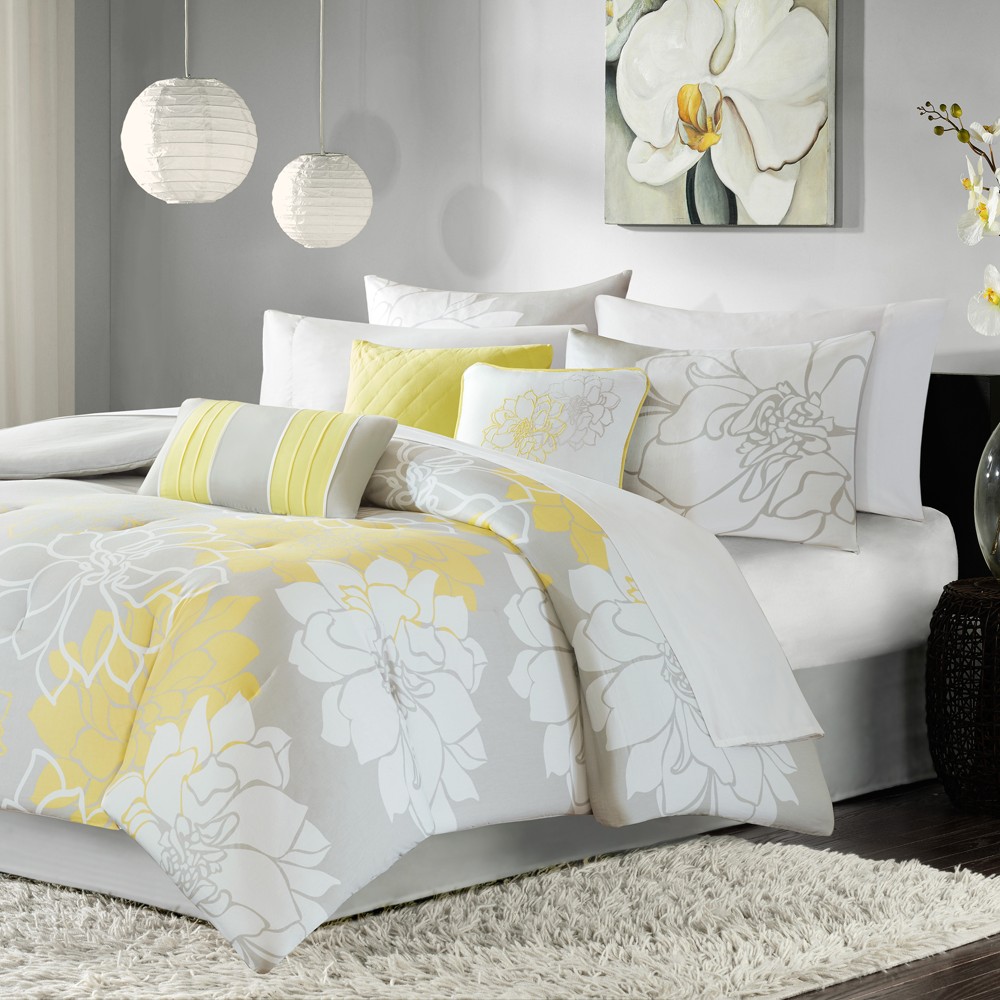 UPC 675716361501 product image for 7pc California King Jane Floral Print Comforter Set Gray/Yellow - Madison Park | upcitemdb.com