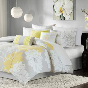 7pc California King Jane Floral Print Comforter Set Gray/Yellow - Madison Park