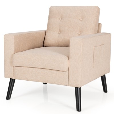 Tangkula Modern Armrest Accent Single Sofa Upholstered Living Room Chair with 2 Side Pockets Beige