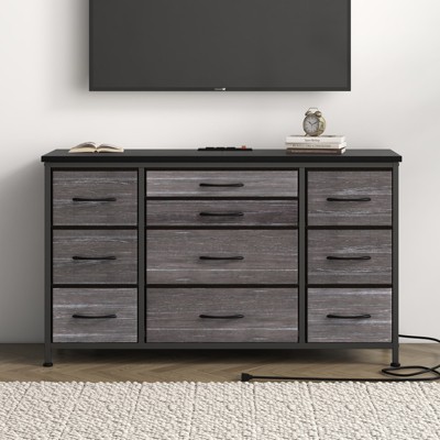 10-Drawer Fabric Dresser TV Stand – Wood Top & Charging Station for Bedroom & Living Room