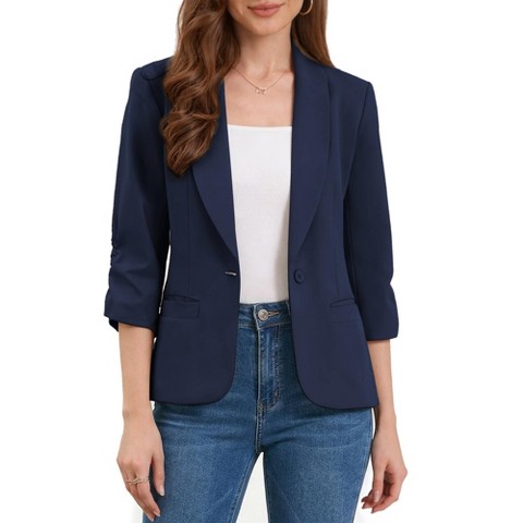 INSPIRE CHIC Women's 3/4 Sleeve Shawl Lapel Pocket Single Button Office Work Blazer Medium Royal Blue