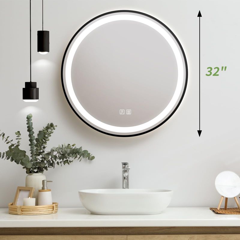 HOMLUX 32 in. W x 32 in. H Round Framed LED Light with 3 Color and Anti-Fog Wall Mounted Bathroom Vanity Mirror in Black, 3 of 10