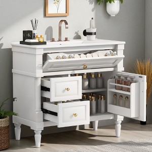 Mshliw 36" Freestanding Bathroom Vanity with Ceramic Sink, Flip Drawer, 2 Storage Drawers & Adjustable Shelf, Solid Rubberwood Frame - 1 of 4