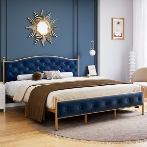 Velvet Upholstered Platform Bed with Button Tufted Headboard - 1 of 4