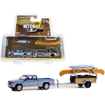 1988 GMC S-15 Sierra Truck Blue Met. & White w/Stripes & Canoe Trailer & w/Canoe & Kayak 1/64 Diecast Model Car by Greenlight
