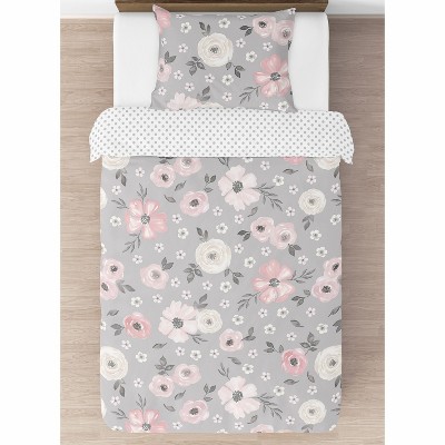 Gray and Pink Floral Microfiber Twin Comforter Bedding Set