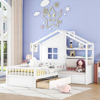 Wooden Kids House Bed  with Two Drawers and Sofa, Sturdy Pinewood Frame, ModernLuxe for Child  -Maison Boucle