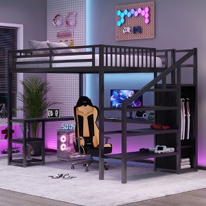 Queen Size Loft Bed with L-Shaped Desk, Wardrobe, and LED Light - 1 of 4