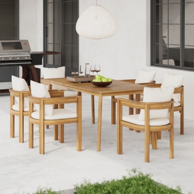 7-PCS Wood Outdoor Patio Dining Sets with Dining Table & 6 Armchairs with Backrest,Outdoor Dining Furniture for Backyard or Porch-Maison Boucle