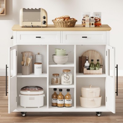 Kitchen Island with Storage, 41" Drop Leaf Table, Mobile Coffee Bar Station, 2 Cabinets, 2 Drawers, 3 Shelves