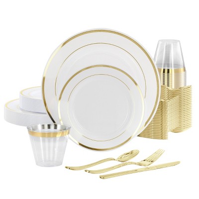 Elama 150 Piece Disposable Plastic Dinnerware Party Set for 25 Guests in White with Silver Trim