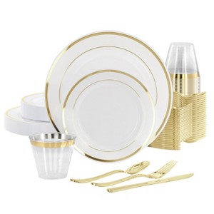 Elama 150 Piece Disposable Plastic Dinnerware Party Set for 25 Guests in White with Silver Trim - 1 of 4