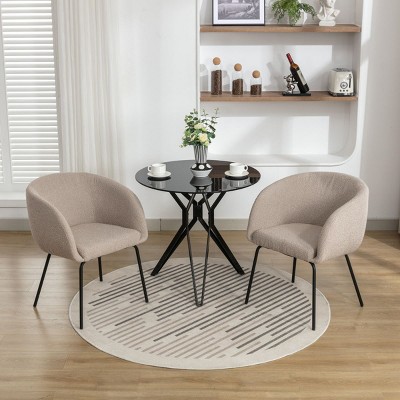 Set Of 2 Dining Chairs with Black Metal Legs,Boucle Fabric Dining Chair with Wing Back, Leisure Armchair Upholstered Accent Kitchen Chairs-Cuddlewood