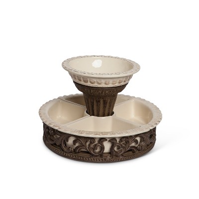 GG Collection Cream Ceramic Crudite Set With Acanthus Leaf Ornate Brown Metal Holder