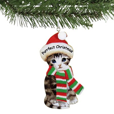 Festive Kitten with Knitted Scarf and Santa Hat Wood Ornament