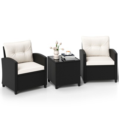 Tangkula 3 PCS Patio Furniture Set w/Tempered Glass Coffee Table Washable Cushions
