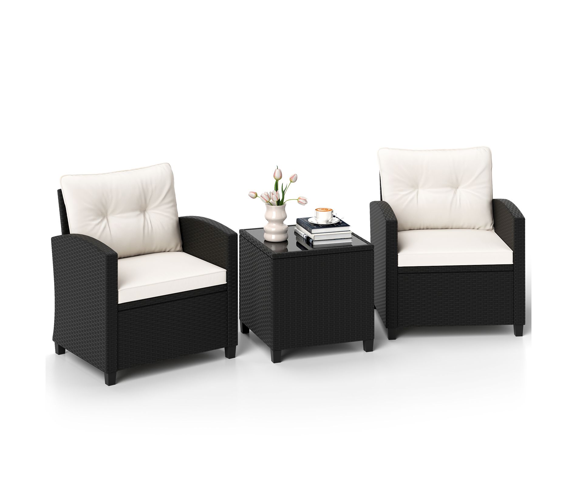 Tangkula 3 Piece Patio Furniture Set Rattan Conversation Set w/Soft Seat & Back Cushions Tempered Glass Topped Coffee Table White