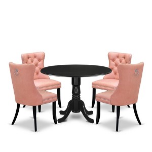 East West Furniture, 5 Piece Modern Dining Table Set Includes a Round Kitchen Table with Dropleaf and 4 Parson Chairs, Black - 1 of 4
