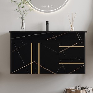 FAMYYT 35 in. Single Sink Floating Black Bath Vanity with Black Faux Marble Top, 2 Soft-Close Drawers, Adjustable Pipe Length - 1 of 4