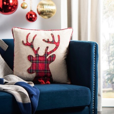 18" Beige and Red Reindeer Applique Holiday Pillow