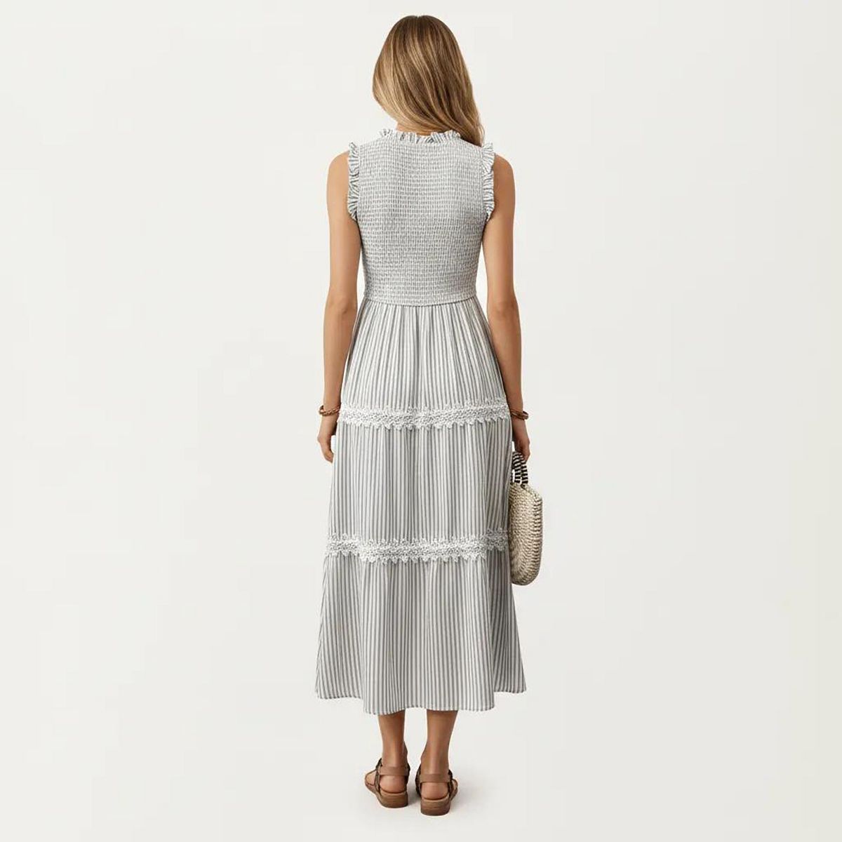 Anna-Kaci Women's Sleeveless Smocked Midi Dress with Ruffle Armholes and Lace Trim Panels - thumbnail 8