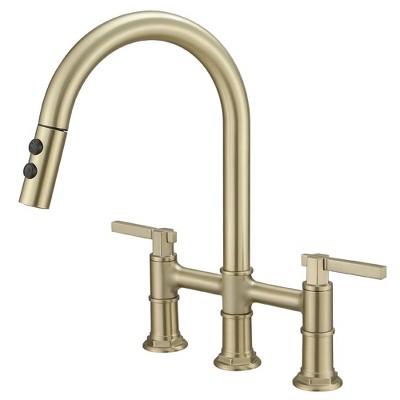 Modern Two Handle 3 Hole Deck Top Bridge Kitchen Faucet with 2 Sprayers 360 Degree Swivel Spout