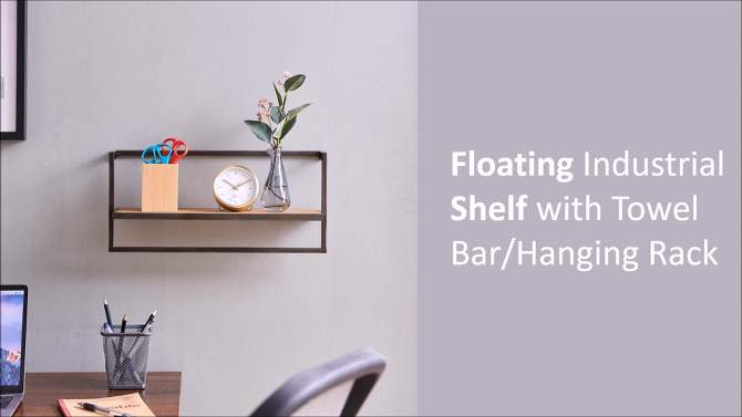 17&#34; x 7.9&#34; Floating Industrial Wood Wall Shelf with Metal Towel Bar Black - Danya B., 2 of 11, play video