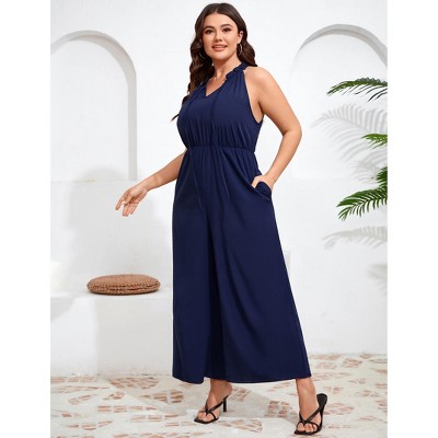 Womens Plus Size Wide Leg Tie Neck Business Casual Jumpsuits