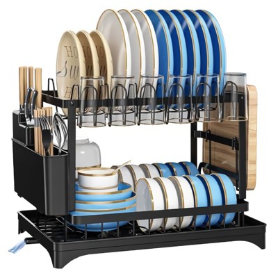 2 Tier Dish Racks for Kitchen Counter, Dish Drying Rack with Large Capacity Drain Board Set, Cup & Cutting Holder Kitchen Storage Organizers