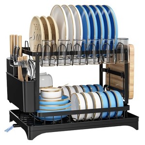 2 Tier Dish Racks for Kitchen Counter, Dish Drying Rack with Large Capacity Drain Board Set, Cup & Cutting Holder Kitchen Storage Organizers - 1 of 4