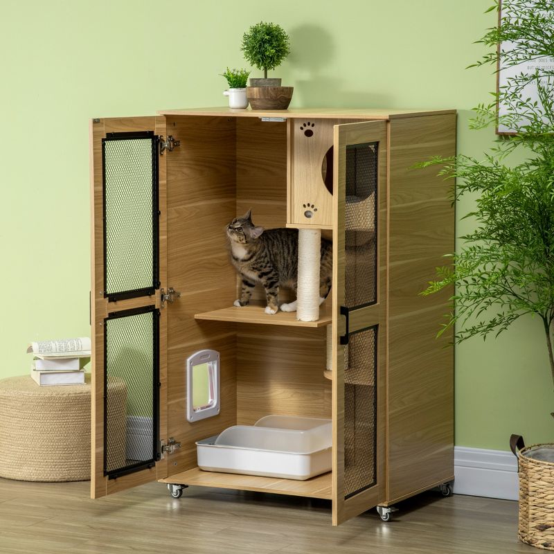 PawHut Cat House with Cat Tree Kitty Cage with Scratching Posts Condo Wheels Flap Door, 31.5" x 20" x 48.5", 3 of 7