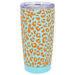 Elanze Designs 20 oz Stainless Steel On the Go Insulated Travel Tumbler With Push Top Lid, Tangerine Orange Cheetah Leopard Print Sky Blue - 1 of 4